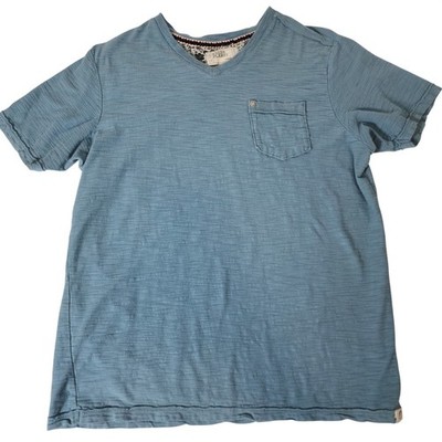 Free Planet Mens V-Neck Pocket Tee Faded Blue Slub Knit 100% Cotton Large