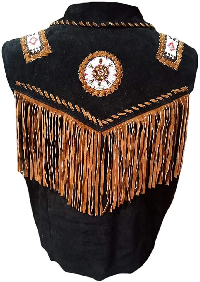 Traditional Brown Men Western Cowhide Leather Vest Vintage Leather Beads Tassel - Image 2 of 4