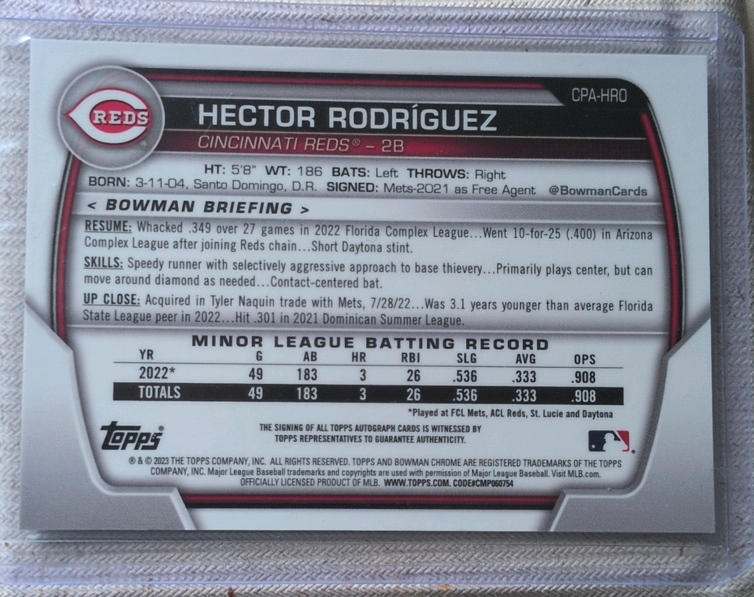 2023 Bowman Chrome Autographs Hector Rodriguez Auto /99 Green Shimmer view 2