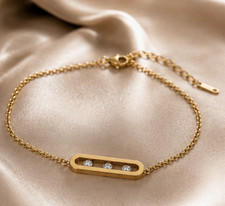 Gold Tone Chain Bracelet Bar Centre, Adjustable Lobster Clasp, 3 Round Stones