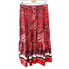 RALPH LAUREN  Red Paisley Drawstring Tiered Midi Skirt Boho Preppy  Medium