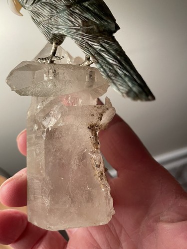 Natural Quartz Crystal Stone Sphere Cluster With Carved Metal Parrot Sculpture - Picture 5 of 15