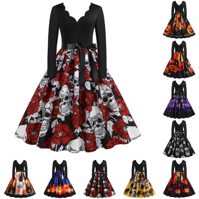 Vintage Long Sleeve Halloween  Evening Party Prom Dress Halloween C Bandage Bow 