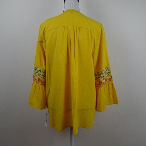 Calessa Embroidered Tunic Top Women's Size M Yellow Loose Fit V-Neck - Picture 4 of 8