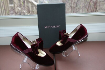   NEW!!!  $325 Monnalisa Burgendy Wine Velvet Ballerina Bow Shoe; Size 37 US 7
