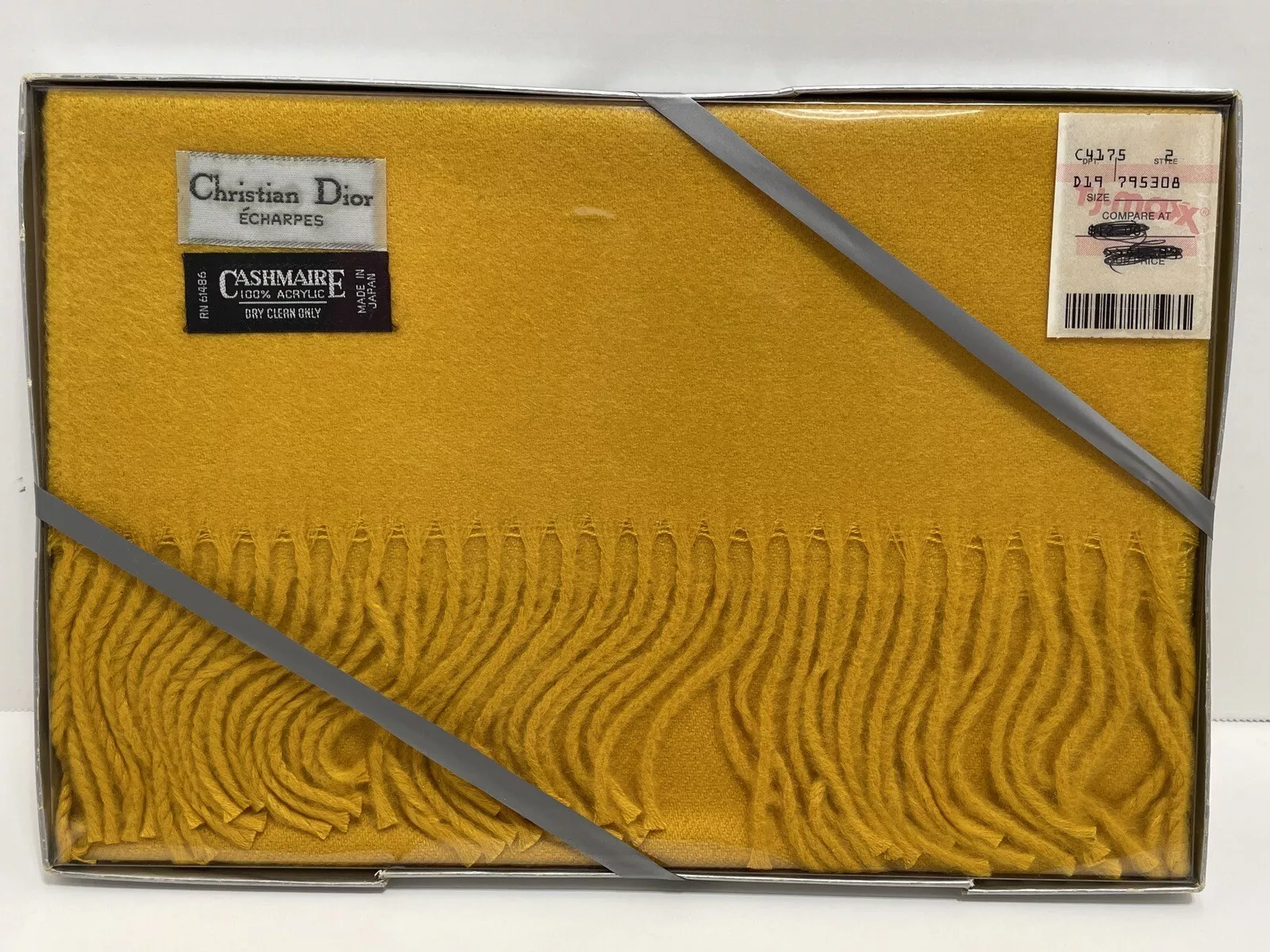 FOULARD vintage Christian dior franges or jaune cachemire acrylique Japon NOS boite
