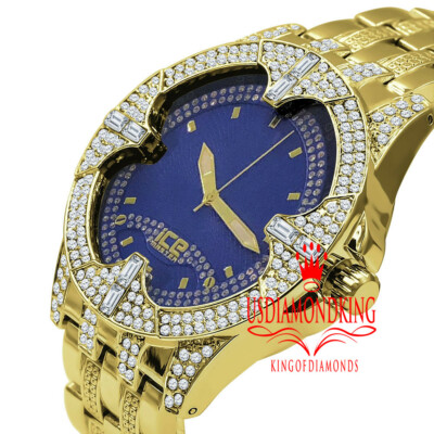 18K Yellow Gold Mens Blue Dial Joe Rodeo Simulated Diamond Metal
