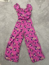 JUSTICE 10/12 Pink Floral Cropped Jumpsuit Belted Off Shoulders