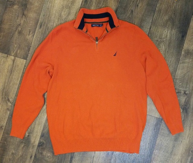 Nautica Men's Sz XL Orange 1/4 Zip Collar Pullover L/S Cotton Sweater