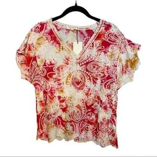 Solitaire Multicolored Embroidered V-Neck Short SleeveTop Size M NWT