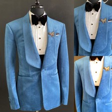 Vintage Blue Velvet Coat for Men Shawl Lapel Tuxedo Tailored Single Breast Suit