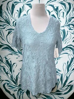 Peck & Peck Petite vneck short sleeve quilted aqua blue pullover tunic NEW PM
