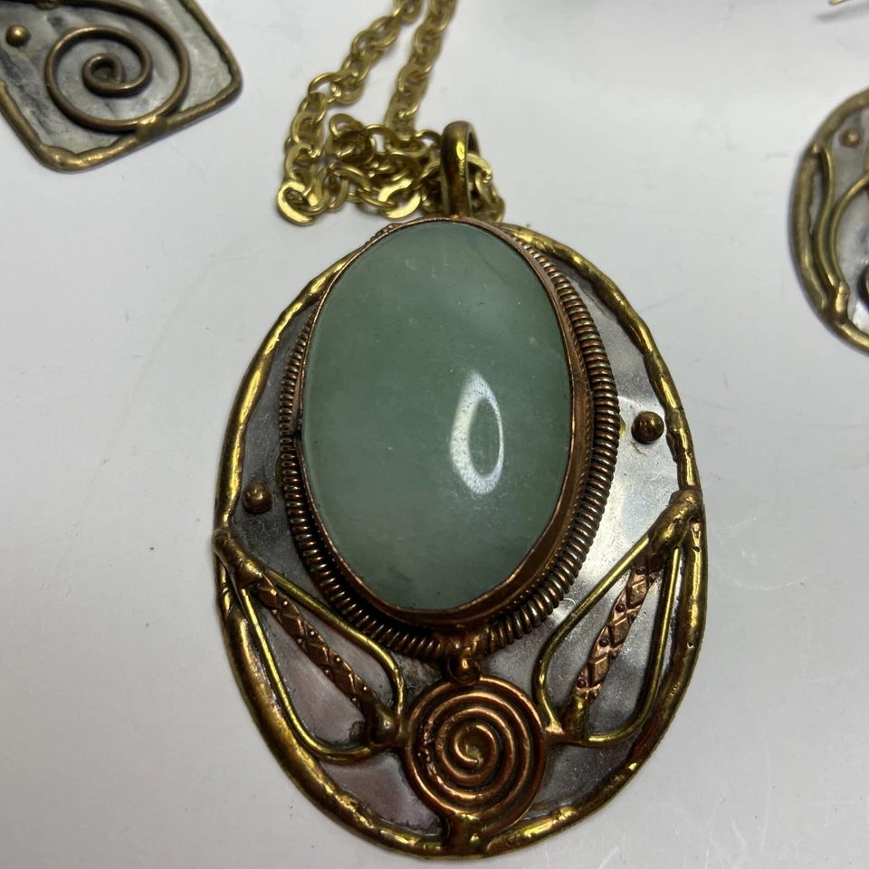 "Plata Cobre Latón Artesanal Brazalete Collar Pendientes Grande Piedra Jade 30""" Foto 3 de 4