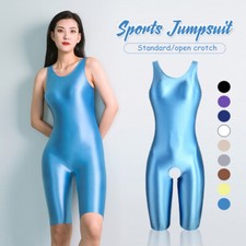 Lady Shiny Glossy Bodysuit Elastic Opaque Sport Short Jumpsuit Swimwear Bathsuit