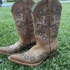 leather Women boots western style light brown Embroidery Floral
