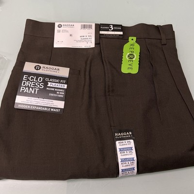 Haggar Mens E-CLO Dress Pant 40x34 Brown Pleated No Iron Stretch Fabric & Waist
