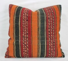 Decorative Turkish Black Orange Kilim Pillow Cover 20" Red Kilim Throw Cushion