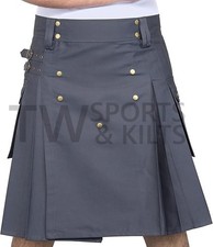Men's Grey Utility Kilt Made Of Cotton Material Two Side Pockets Front Button