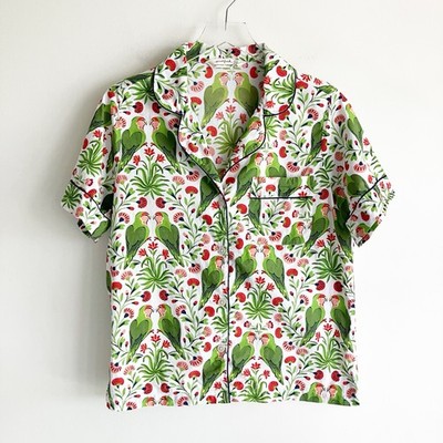 Printfresh Size XS Parrot Floral Print Pajama Top Green Red PJ Shirt Green Red