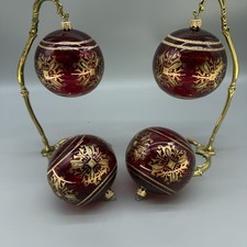 4 Red Blown Glass w/Gold Glitter Accents Round Christmas Ornament 4" Tall