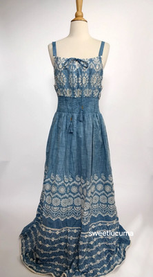 NWT Me 2 Magic Anthropologie Maxi Dress 2X Embroidered Blue Smocked Floral Boho