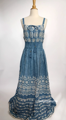 NWT Me 2 Magic Anthropologie Maxi Dress 3X Embroidered Blue Smocked Floral Boho
