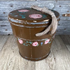 Vintage Painted Wooden Firkin Bucket With Lid Farmhouse Storage Container