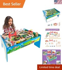 Wooden Train Set Table for Kids Deluxe Had Painted Wooden Set with Tracks and