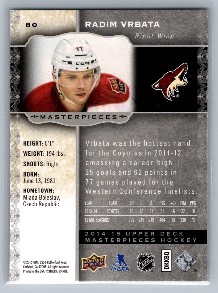 2014-15 Upper Deck Masterpieces #80 Radim Vrbata Arizona Coyotes - Image 2 of 2