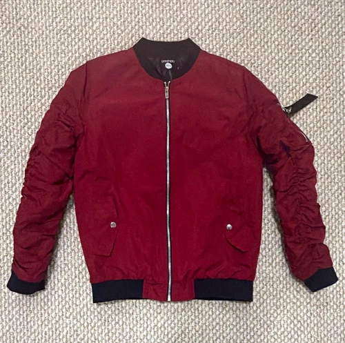 boohooMAN Burgundy Polyester Bomber Jacket Lined Full Zip Band Collar Size M 38" - product listing photo