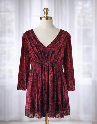 Energe Red Black Velvet Babydoll Top XL Lace Sequin Trim Vamp Whimsigoth Fairy