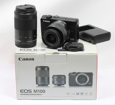 Canon EOS M100 Mirrorless Camera w 15-45mm + 55-200mm Lens Box