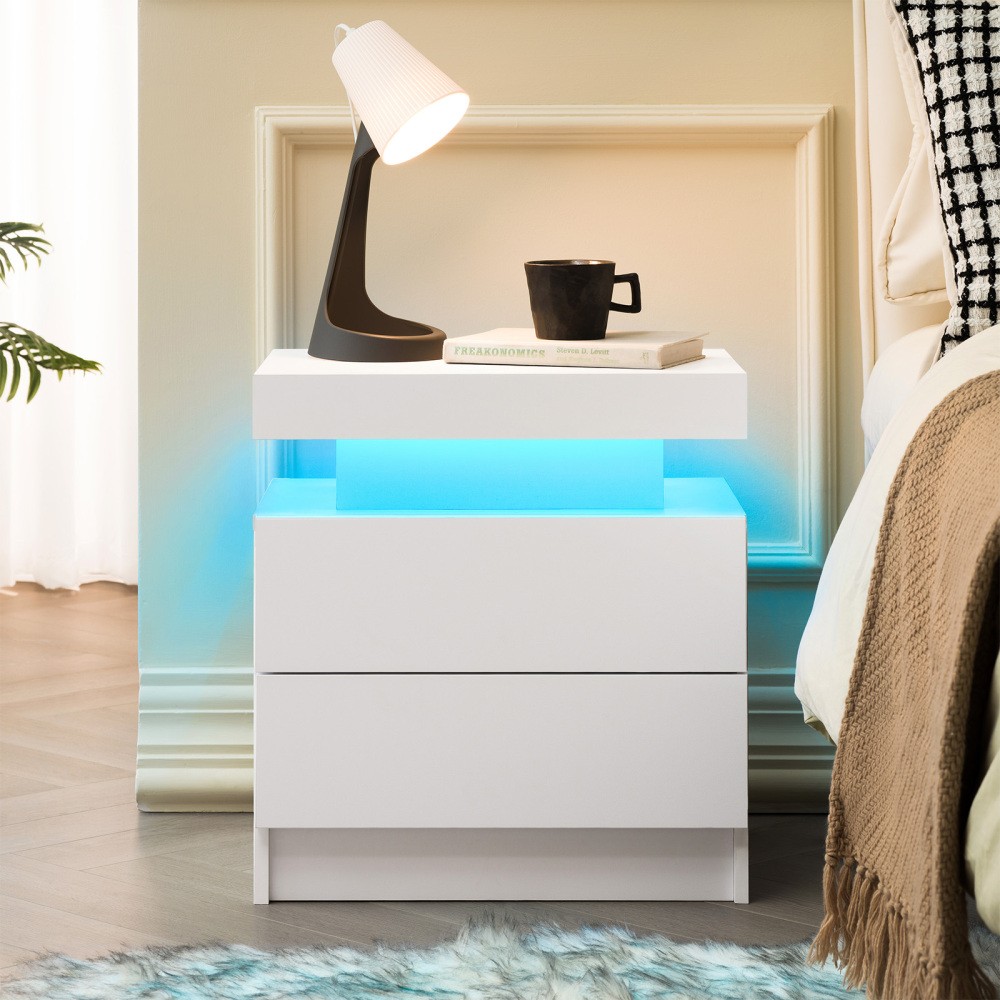 Table de chevet LED au design moderne blanc laqué avec double tiroir chic