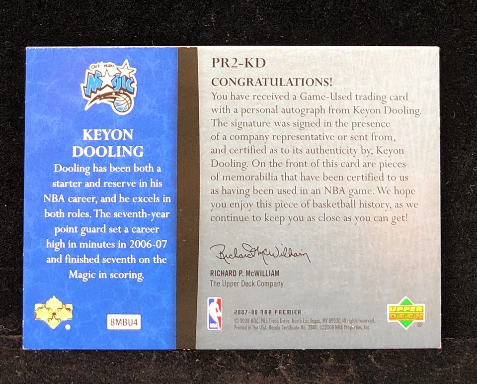 2007-08 Upper Deck Premier Remnants Keyon Dooling Game Used Patch Auto #/25 Card - Image 2 of 2