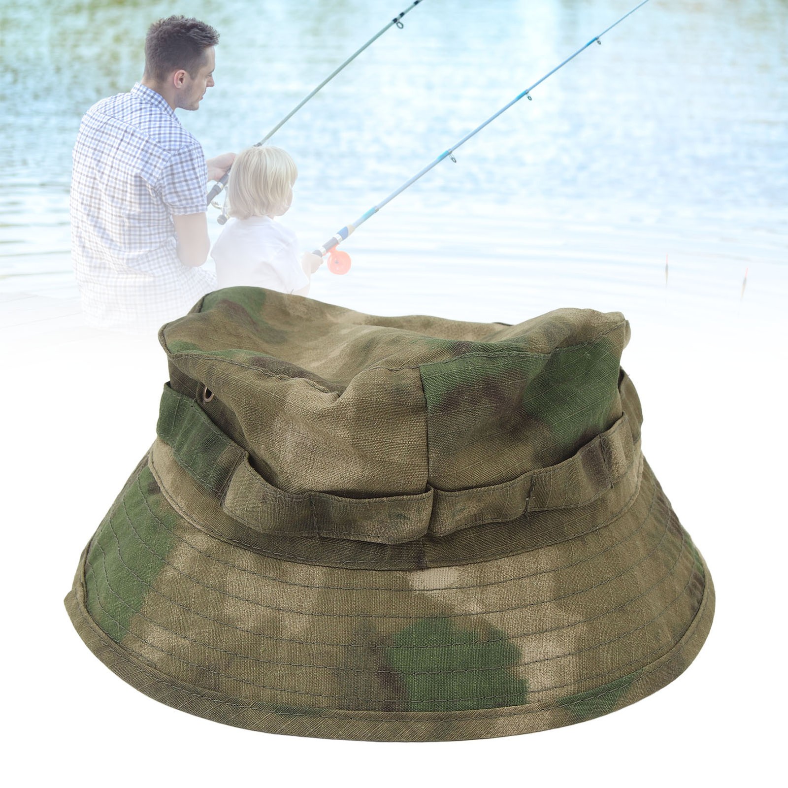 (Camouflage)Boonie Hat With Adjustable Buckle Short Brim Waterproof Oxford CU.
