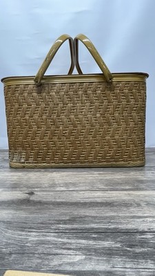 Vintage Redmon Picnic Basket Woven Wood Lid Metal Handles Mid Century Retro Big