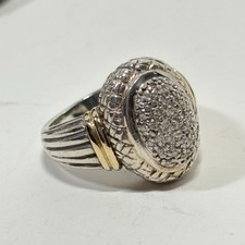 Sterling Silver 925 14K Yellow Gold Pave Diamond Oval Ring Textured 2 Tone Sz 7