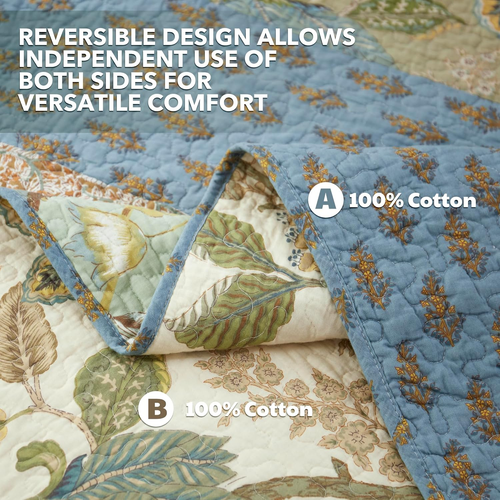 Quilt Set Queen Size, 100% Cotton Patchwork Green Bohemian Quilt Sets, Reversibl - Picture 3 of 9