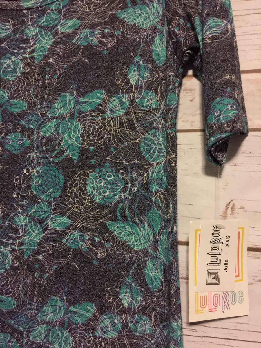 Robe LuLaRoe Julia - Taille 2XS - Imprimé Floral Turquoise & Blanc Sur Fond Noir - Neuf Avec étiquettes