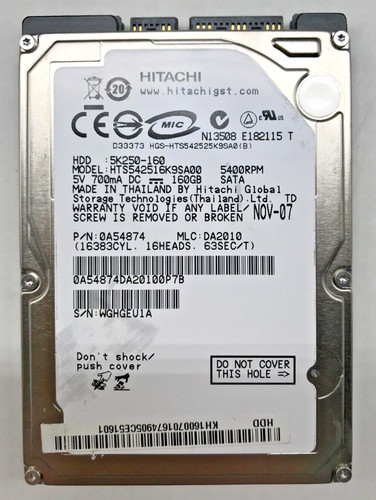 160 GB SATA NOTEBOOK FESTPLATTE HITACHI HTS542516K9SA00 5400RPM 2,5 ZOLL #NFP673