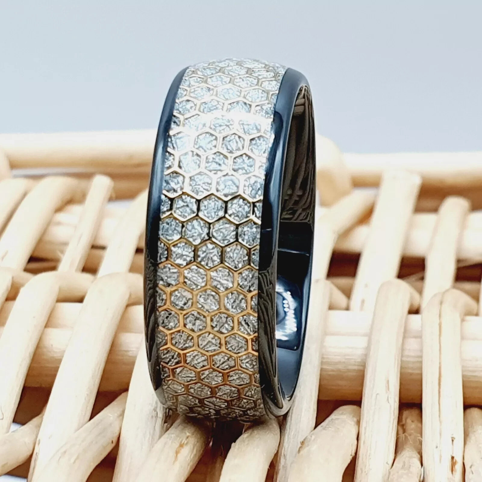 Honeycomb Wedding Band Meteorite Inlay Tungsten Ring Mans & Womans Wedding Ring-image