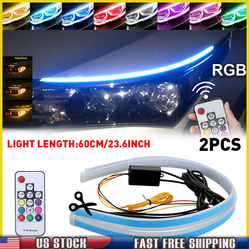 2X RGB 60CM LED Light DRL Car Headlight Remote Control Strip Light Turn Signal