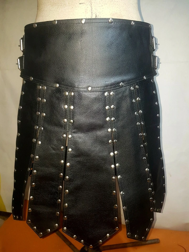 Hombre Vaca Real Cuero Negro Gladiador Romano Kilt Club Ropa LARP Nuevo Diseño Foto 2 de 4
