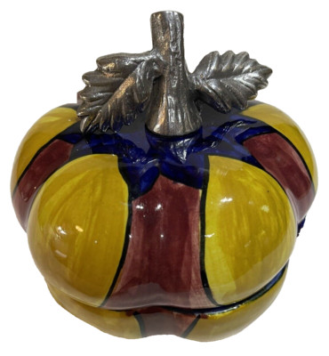 Mexican Ceramic Pumpkin with Lid Bowl 5.5''x5''. Metal Stem signed MARU MEX