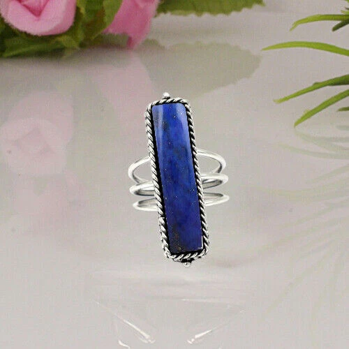 Anello a tripla fascia con pietra grande lapislazzuli in argento sterling... - Immagine 2 di 4