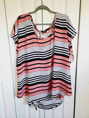 Torrid 4 Blouse Plus 4X Striped Chiffon Pink Black White Back Button Scoop Neck