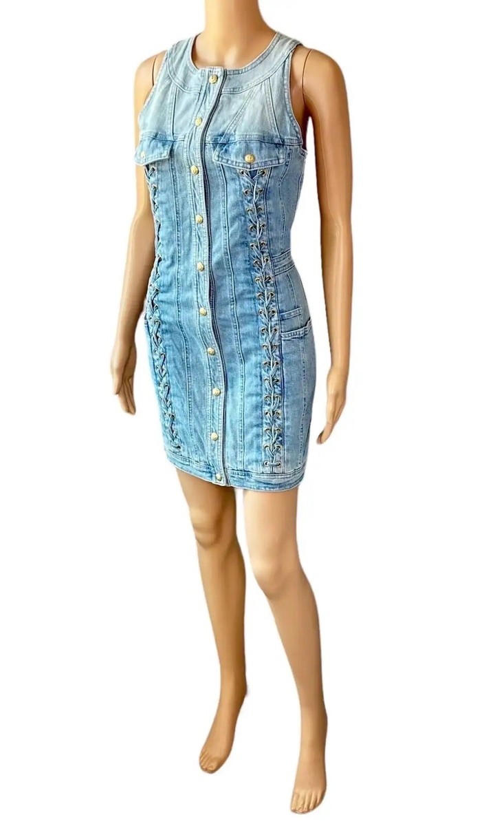 balmain blue body dress Balmain Blue Sleeveless Body Dress with Silver Button Detail Size FR 3   Sellier