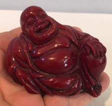 Vintage Red Carved Sitting Buddha Figurine Carved In Detail Mint Condition