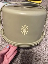 Vintage Cake Taker Tupperware  683 Olive Green set with lid 683  Handle-USA