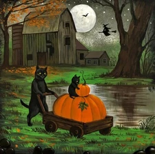 11x11 PRINT OF PAINTING HALLOWEEN RYTA BLACK CAT FARM BARN PUMPKIN FOLK ART JOL 